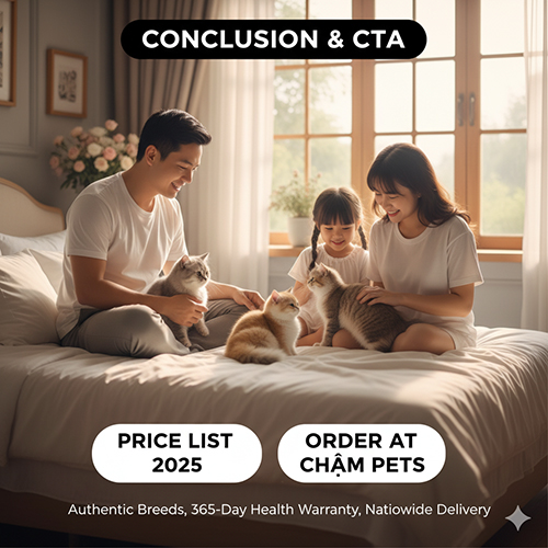 Gia đình vui vẻ bên mèo Anh lông ngắn nhiều màu trên giường, hình ảnh kết luận và CTA