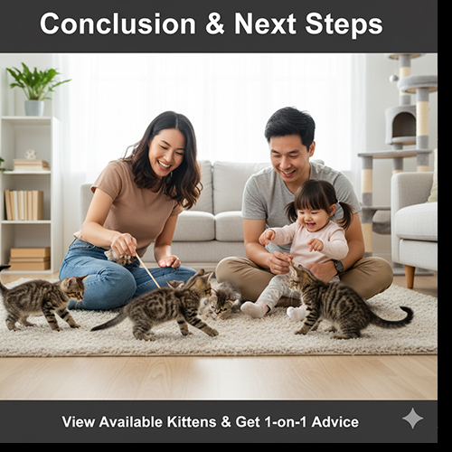 Gia đình chơi với nhiều mèo con trong phòng khách; tổng kết 4 trụ cột 12 tháng đầu và các bước học tiếp