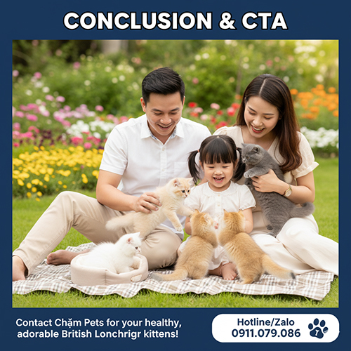Gia đình trẻ vui đùa cùng đàn mèo Anh lông dài con nhiều màu sắc trong công viên, hình ảnh đại diện phần kết bài viết