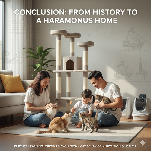 Gia đình trẻ Việt Nam chơi cùng mèo trong phòng khách hiện đại với cây nhà mèo lớn, biểu trưng cho hành trình thuần hoá từ kho lúa cổ xưa tới ngôi nhà hiện đại.