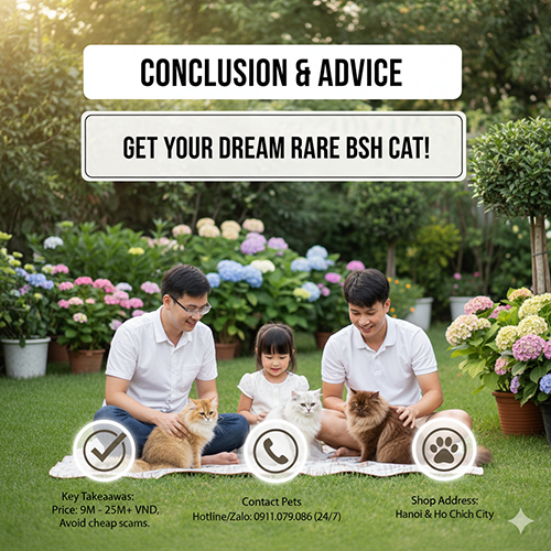 Hai người đàn ông và bé gái ngồi chơi cùng mèo Anh lông dài màu hiếm trong vườn – minh họa phần kết luận và lời khuyên