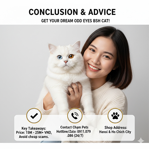 Cô gái mỉm cười ôm mèo Anh lông dài trắng mắt 2 màu xanh – vàng – minh họa phần kết luận và lời khuyên khi mua mèo odd eyes