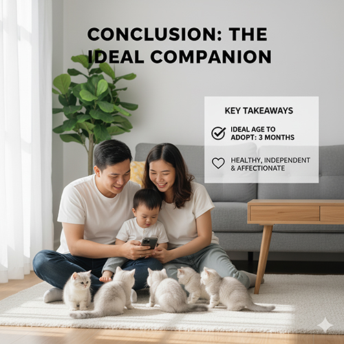 Gia đình trẻ vui đùa cùng bầy mèo Anh lông ngắn 3 tháng tuổi trong phòng khách sáng sủa, thể hiện sự gắn kết giữa người và thú cưng