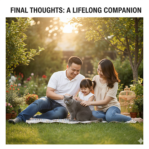 Gia đình nhỏ ngồi trong vườn vào buổi chiều, chơi cùng mèo Anh lông ngắn trưởng thành màu xám xanh, biểu tượng cho sự gắn bó lâu dài
