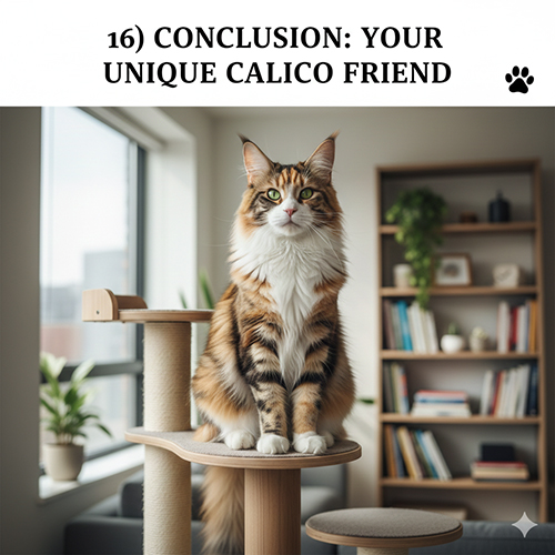 Mèo tam thể calico ngồi trên trụ cào trong không gian sống ấm áp, hiện rõ ba mảng màu đặc trưng