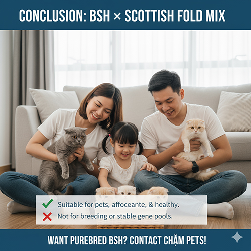 Gia đình vui vẻ chơi cùng mèo Anh lông ngắn và mèo tai cụp, minh họa cho kết luận về việc phối giống giữa British Shorthair và Scottish Fold