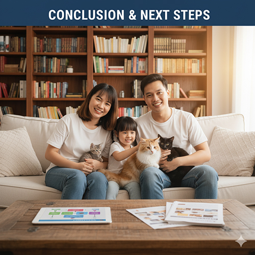 Gia đình ngồi trên sofa cùng mèo, minh họa phần kết luận và định hướng tiếp theo trong hướng dẫn mua mèo cảnh an toàn