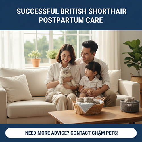 Gia đình Việt hạnh phúc bên mèo Anh lông ngắn mẹ và mèo con, minh họa phần kết luận và lời kêu gọi liên hệ Chạm Pets