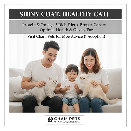Gia đình hạnh phúc chơi đùa cùng hai chú mèo Anh lông ngắn có bộ lông bóng mượt trong phòng khách sáng sủa.
