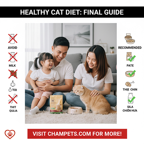 Gia đình vui vẻ cho mèo Anh lông ngắn ăn pate, xung quanh có biểu tượng cảnh báo các món cấm như sữa, hành tỏi và thịt sống.