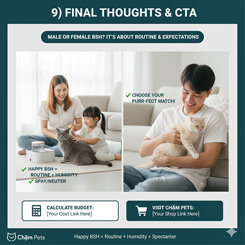 Gia đình chơi với mèo Anh lông ngắn và chàng trai ôm mèo nhỏ trong lòng – minh họa phần kết luận và kêu gọi hành động chọn mèo phù hợp tại Chạm Pets