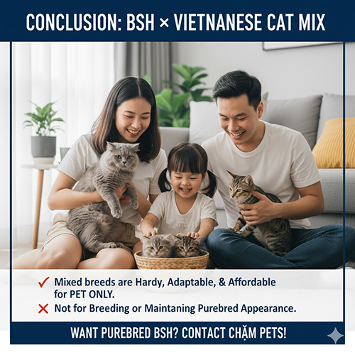 Gia đình Việt bên mèo Anh lông ngắn và mèo ta lai, minh họa phần kết luận bài viết về lai tạo giữa hai giống mèo