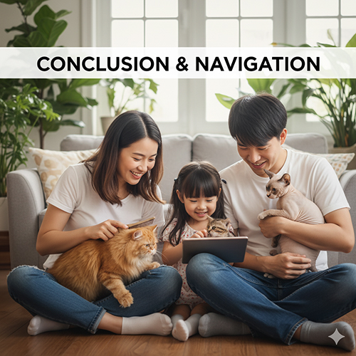 Gia đình đang xem máy tính bảng và chơi với mèo, minh họa cho phần kết luận và điều hướng nội dung chăm sóc lông mèo.