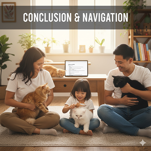 Gia đình cùng ngồi chơi với nhiều chú mèo trong phòng khách ấm cúng, minh họa phần kết luận và điều hướng bài viết về sinh sản mèo có trách nhiệm