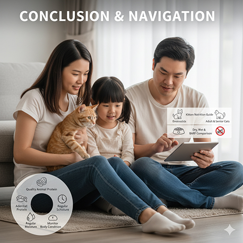 Gia đình cùng ngồi trên sàn xem máy tính bảng, mèo nằm trong lòng bé, minh họa phần kết luận và điều hướng các bài viết liên quan đến dinh dưỡng cho mèo.