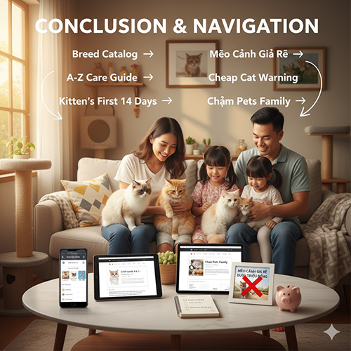 Kết luận và điều hướng về giá mèo cảnh – tóm tắt nguyên tắc đọc giá minh bạch, liên kết đến danh mục giống, cách nuôi, mèo con và cảnh báo “giá rẻ