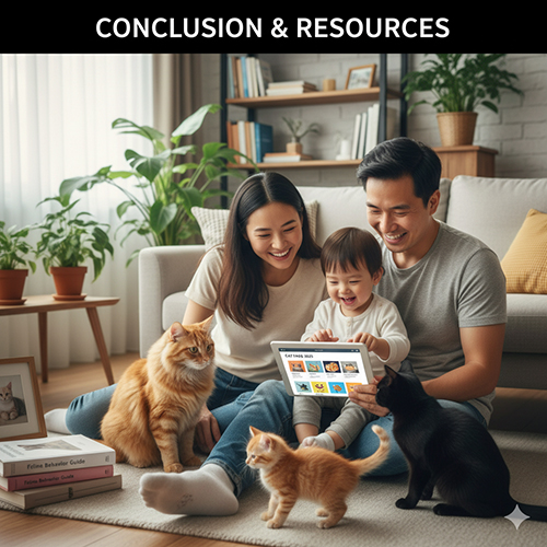 Gia đình cùng con nhỏ vui vẻ xem hướng dẫn về mèo trên máy tính bảng, xung quanh là những chú mèo thân thiện, minh họa phần kết luận và điều hướng học tiếp.