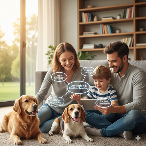 Gia đình cùng hai chú chó xem máy tính bảng hiển thị các chủ đề học tiếp.