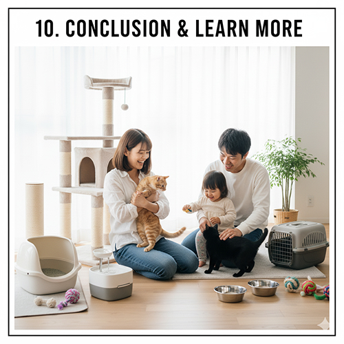 Gia đình vui vẻ bên hai chú mèo cùng đầy đủ phụ kiện như khay cát, bát ăn, nhà cây và carrier, minh họa kết luận về setup hoàn chỉnh cho mèo.