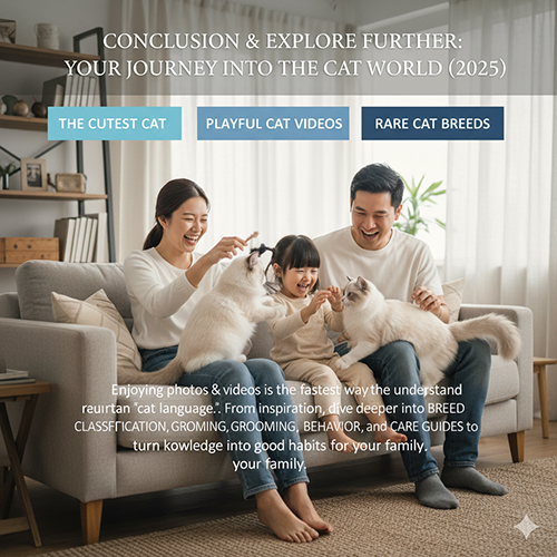 Gia đình ba người vui vẻ chơi đùa cùng hai chú mèo trắng trong phòng khách, thể hiện tinh thần kết nối và khám phá thế giới mèo qua ảnh và video