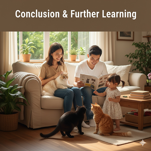 Gia đình đọc sách cùng mèo trong phòng khách sáng sủa, minh họa cho phần kết luận và điều hướng học tiếp về chăm sóc sức khỏe mèo