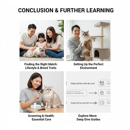 Bộ ảnh gia đình chơi với mèo và chăm sóc mèo, minh họa cho phần kết luận và hướng dẫn học tiếp trong loạt bài so sánh giống mèo