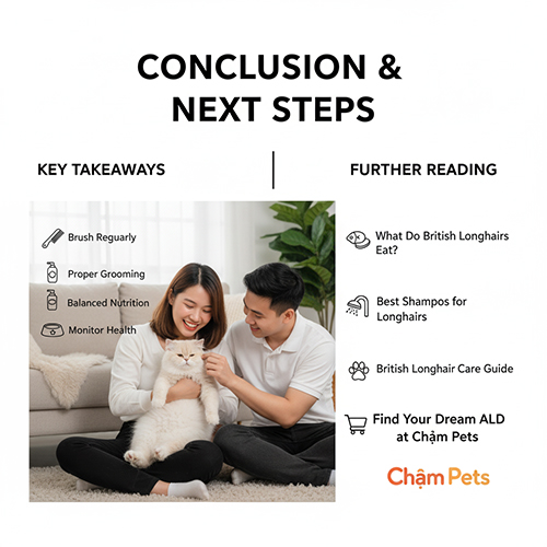 Cặp đôi vuốt ve mèo Anh lông dài trong phòng khách, minh họa kết luận và hướng dẫn chăm sóc để giảm rụng lông.