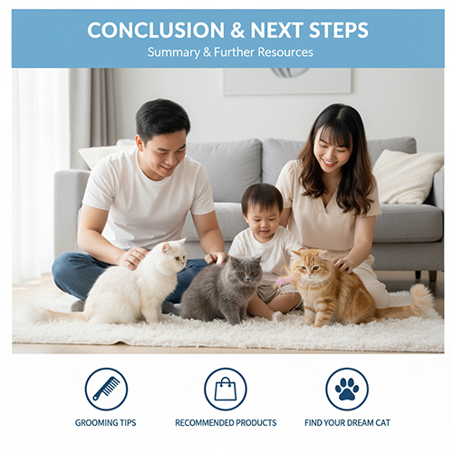 Gia đình ngồi chơi cùng ba mèo Anh lông dài trong phòng khách, minh họa phần kết luận về chăm sóc và tắm mèo đúng cách.