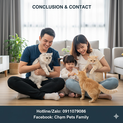 Gia đình trẻ cùng chơi với mèo Anh lông ngắn và lông dài trong phòng khách, kèm thông tin liên hệ Chạm Pets Family