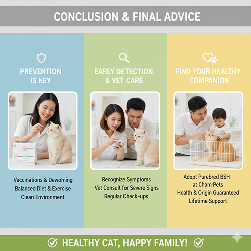 Cặp đôi và gia đình chăm sóc mèo Anh lông ngắn trong phòng khám thú y và tại nhà, minh họa cho lời khuyên cuối cùng về phòng bệnh và chăm sóc sức khỏe