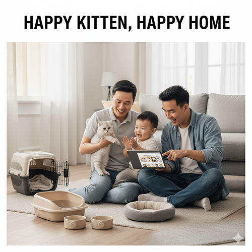 Gia đình nhỏ vui vẻ bên mèo Anh lông ngắn con, xem hướng dẫn chăm sóc trên máy tính bảng trong không gian phòng khách ấm cúng