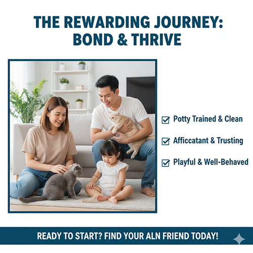 Gia đình vui đùa cùng mèo Anh lông ngắn trong phòng khách, minh họa kết quả sau quá trình huấn luyện: mèo sạch sẽ, thân thiện và ngoan ngoãn