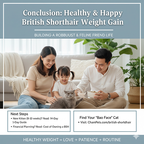 Gia đình ba người vui đùa với mèo Anh lông ngắn trong phòng khách sáng, thể hiện kết quả tăng cân khỏe mạnh