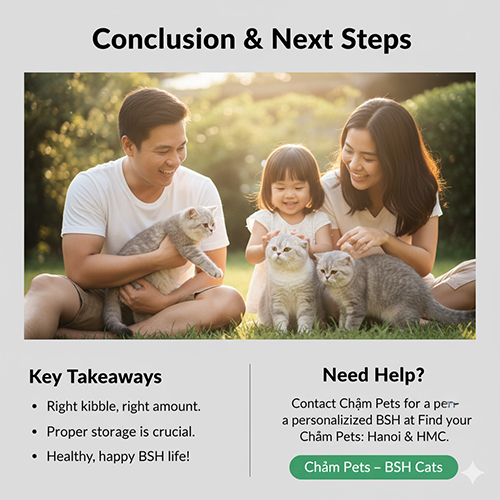 Gia đình vui đùa cùng ba chú mèo Anh lông ngắn trong vườn, minh họa phần kết luận và kêu gọi hành động