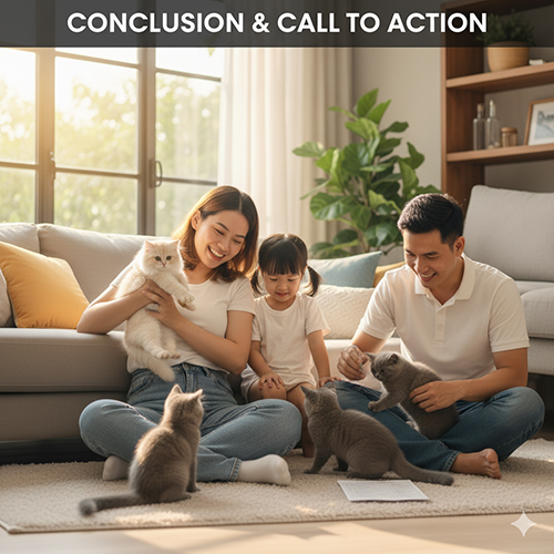 Gia đình vui vẻ chơi cùng đàn mèo Anh con trong phòng khách sáng sủa, thể hiện khoảnh khắc hạnh phúc khi bé đã quen nhà