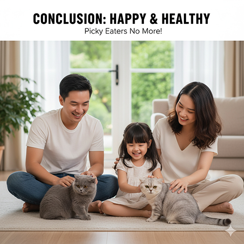 Gia đình vui vẻ chơi với hai mèo Anh lông ngắn trong phòng khách, minh họa kết luận tích cực sau khi mèo hết kén ăn