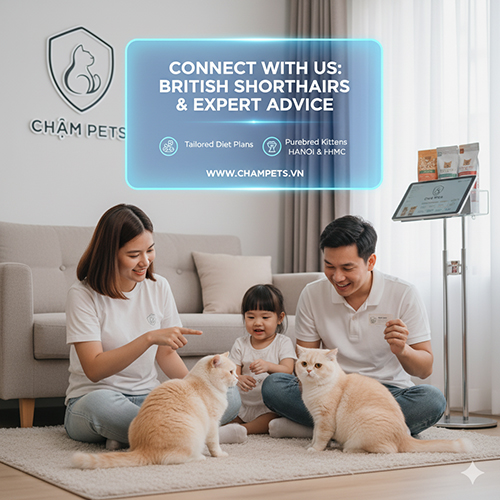 Gia đình cùng chơi với hai mèo Anh lông ngắn tại không gian Chạm Pets, minh họa phần kết và lời kêu gọi hành động