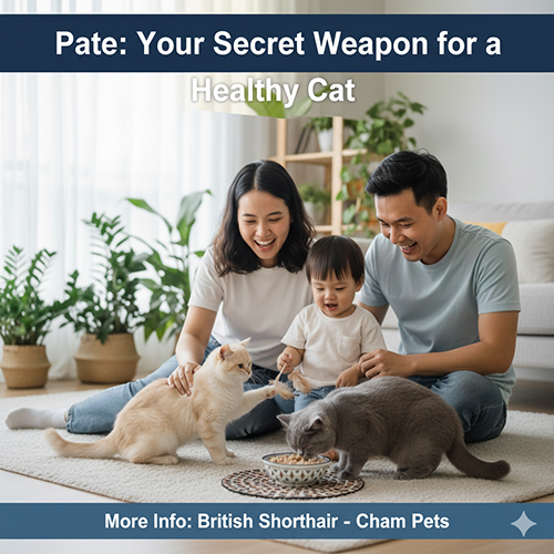 Gia đình vui đùa cùng hai mèo Anh lông ngắn trong phòng khách, minh họa phần kết và lời kêu gọi hành động về pate