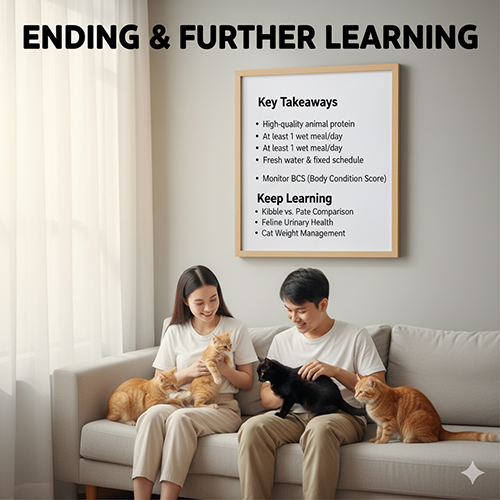 Cặp đôi ngồi sofa cùng bốn chú mèo, phía sau bảng “Key Takeaways” — nhấn mạnh đạm động vật, bữa ẩm hằng ngày, nước sạch và theo dõi BCS.