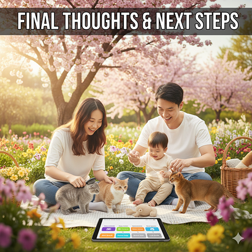 Gia đình vui đùa cùng đàn mèo con trong công viên hoa anh đào, minh họa phần kết và định hướng chọn mèo cảnh theo đặc trưng.