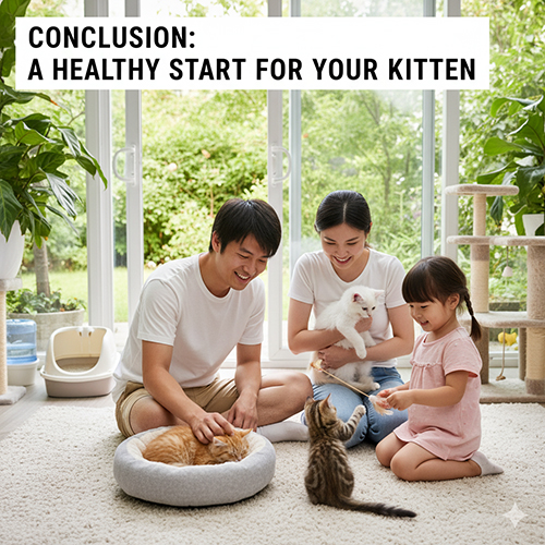 Gia đình hạnh phúc chơi đùa cùng mèo con trong phòng sáng, minh họa giai đoạn 14 ngày đầu giúp mèo con ổn định và khỏe mạnh.