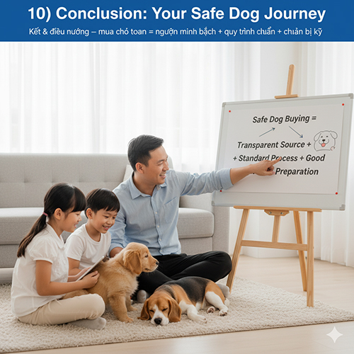 Người cha giảng giải cho hai con nhỏ bên bảng trắng ghi công thức “Safe Dog Buying = Transparent Source + Standard Process + Good Preparation”, minh họa phần kết “Mua chó an toàn”.