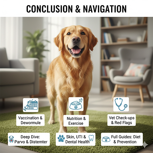 Chó Golden Retriever đứng trên thảm trong phòng khách, xung quanh là các biểu tượng điều hướng về tiêm phòng, dinh dưỡng, kiểm tra sức khỏe và phòng bệnh cho chó.