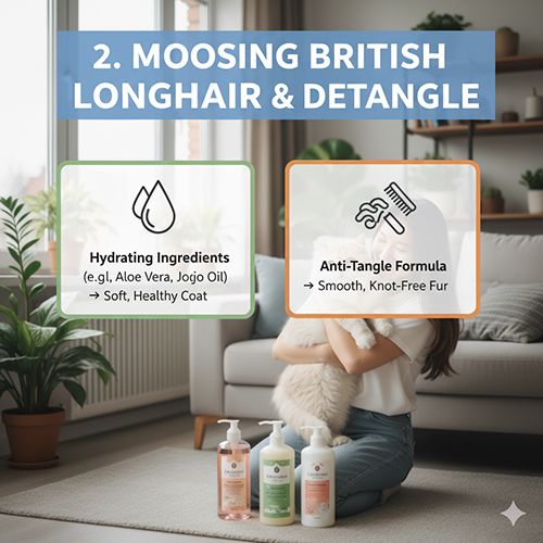 Hướng dẫn chọn sữa tắm dưỡng ẩm và chống rối cho mèo Anh lông dài với thành phần lô hội, yến mạch và dầu jojoba