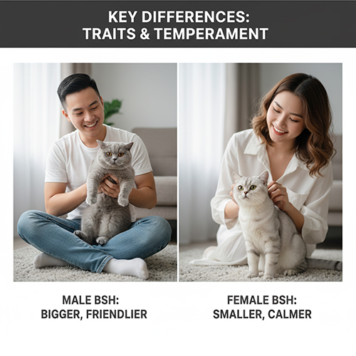 Chàng trai bế mèo Anh lông ngắn đực và cô gái vuốt ve mèo Anh lông ngắn cái – minh họa sự khác biệt về ngoại hình và tính cách giữa hai giới mèo Anh