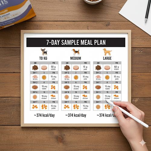 Bảng kế hoạch khẩu phần 7 ngày cho chó theo kích cỡ toy, medium và large với lượng ăn sáng và tối rõ ràng