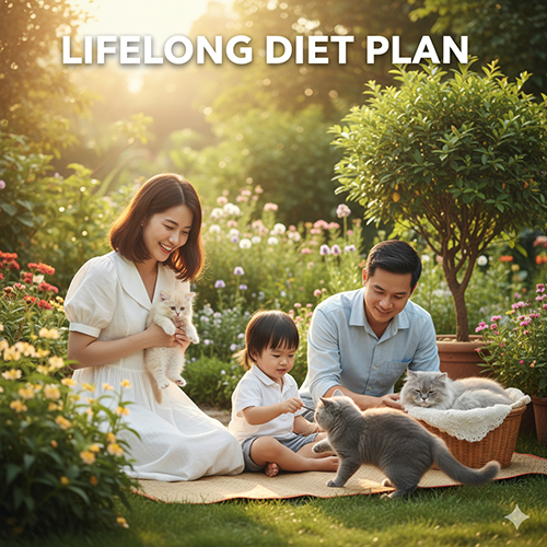 Gia đình vui chơi cùng mèo Anh lông dài trong khu vườn đầy hoa, minh họa cho chế độ ăn theo từng giai đoạn tuổi.