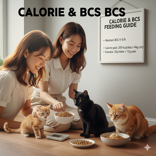 Hai người cho ba mèo ăn với bát hạt và pate, có cân điện tử và bảng “Calorie & BCS Feeding Guide” — minh họa khẩu phần theo cân nặng và BCS.