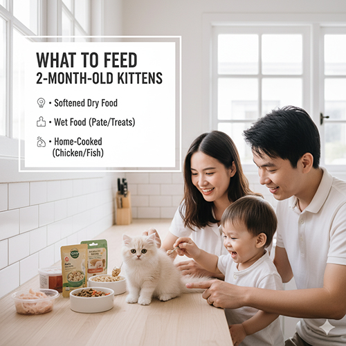 Gia đình chuẩn bị khẩu phần ăn gồm hạt ngâm mềm, pate và thịt gà luộc cho mèo Anh lông dài 2 tháng tuổi, đảm bảo đủ dinh dưỡng mỗi bữa.