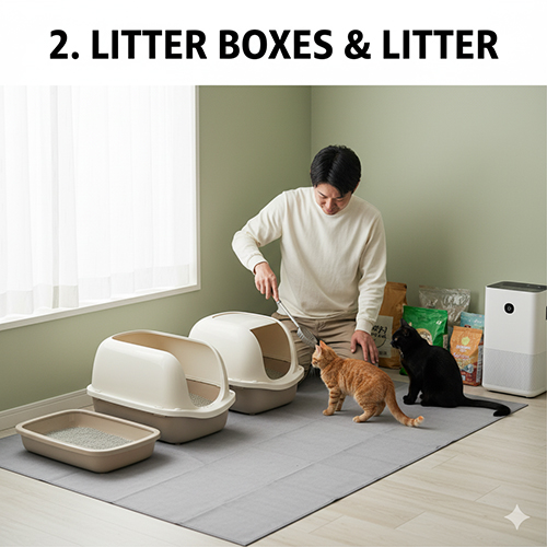 Người đàn ông đang dọn khay cát cho hai chú mèo cạnh các bao cát vệ sinh, thể hiện cách set-up đúng chuẩn và sạch sẽ cho mèo.